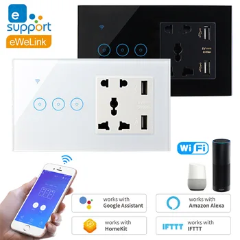 WiFi Smart Jungiklis kištukinis Lizdas ir USB Stiklo plokštės Sienų apšvietimo Jungiklis Balso Touch Kontrolės 1/2/3-Gauja Dirba su Alexa 