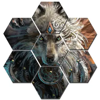 Vilkas veido Dreamcatcher pagal Sunima Meno 7 Vienetų šešiakampis wolf Dažymo Sienos Meno Modulinės Nuotrauką Šiuolaikinės Dekoratyvinis Dažymas