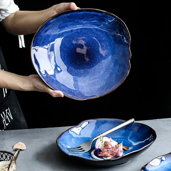 Keramikos Plokštės Nereguliarus Indai Serija Vakarų Maisto Plokštė Europos Mėlynos Spalvos Glazūra Salotų Dubenį Pagrindinis Patiekalas Virtuvės Reikmenys