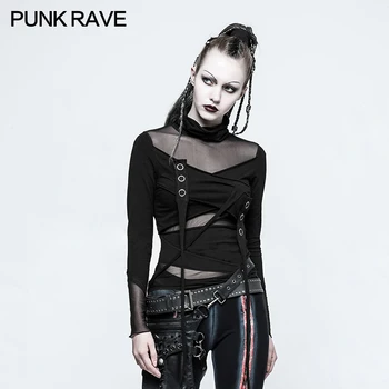 PUNK RAVE Moterų Punk Rock Akių Sexy marškinėliai Gothic Black korėjos Mados Viršūnes Atsitiktinis ilgomis Rankovėmis Viršūnes Tee