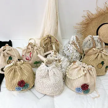 Naujas rankomis austi rotango krepšys nėrinių gėlių moterų šiaudų maišą mados pearl beach rankinės