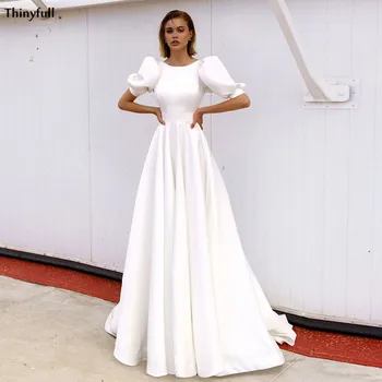 Thinyfull Paprasta Satino Vestuvių Suknelės Beach Trumpas Reljefiniai Rankovėmis-Line Boho Vestuvinės Suknelės Princesė 2021 Vestidos De Novia