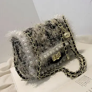 Grotelės Aikštėje Crossbody maišelį 2020 m. Žiemos Naujas Aukštos kokybės Aksomo Moterų Dizaineris Rankinės Pearl Grandinės Petį Krepšys