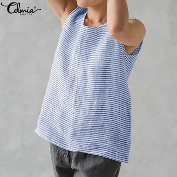 Celmia 2021 Chic Plius Dydis Viršūnės Vasarą Rankovių Dryžuotos Palaidinės Atsitiktinis Palaidų Moterų Drabužių Basic Marškinėliai Lino Camisa Mujer