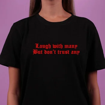 Kuakuayu HJN Juoktis Su Daug, Tačiau nepasitiki Bet Raidėmis Atspausdintas T-Shirt Moterų Tumblr Estetinės Grunge Juoda Tee Hipsters