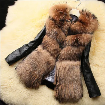 Žiemos Moteris Dirbtiniais Kailiais Kailis Plonas Atsitiktinis Fox Fur Coat PU Rankovėmis, Šiltas Žiemos Paltai Moterims Striukė su Kailio Kutai Outwear Paltas