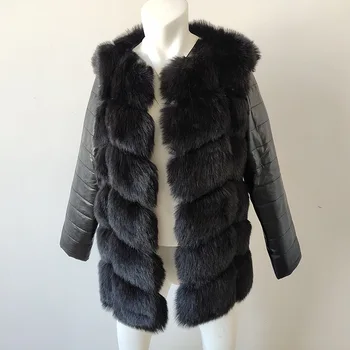 Žiemos Moteris Dirbtiniais Kailiais Kailis Plonas Atsitiktinis Fox Fur Coat PU Rankovėmis, Šiltas Žiemos Paltai Moterims Striukė su Kailio Kutai Outwear Paltas