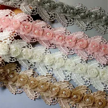 2 metrų Tirpsta 75mm Perlų Rožė Gėlių Išsiuvinėti Nėriniai Apdailos Juostelės Medžiaga Rankų darbo 