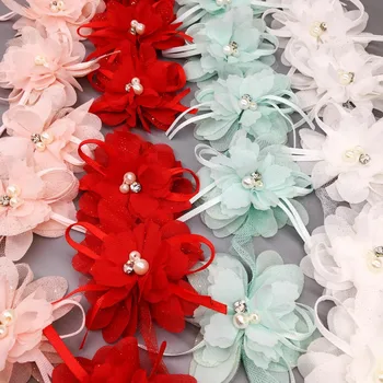 1 Yd Rožinė 3D Gėlės Pearl Nėrinių Apdaila Rankų darbo kalnų krištolas Puošmenų Vestuvių Riešo Gėlių Suknelė Drabužių Aplikacijos, Siuvimo Amatai
