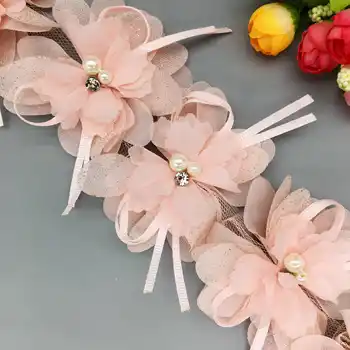 1 Yd Rožinė 3D Gėlės Pearl Nėrinių Apdaila Rankų darbo kalnų krištolas Puošmenų Vestuvių Riešo Gėlių Suknelė Drabužių Aplikacijos, Siuvimo Amatai