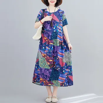 Moterys Vasarą Atsitiktinis Suknelė Naują 2021 Vintage Stiliaus Gėlių Spausdinti, O-kaklo Medvilnės Skalbiniai Elegantiškas Ponios-line Ilgu Suknelės S2868