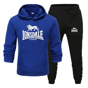 Lonsdale spausdinti vyrų Hoodie nustatyti prekės ženklo sportinę aprangą vyrų hip-hop Palaidinukė + sweatpants Rudens Žiemos Vilnos Hoodie