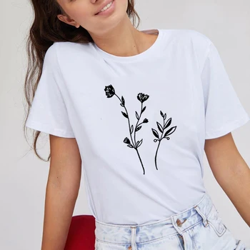 Gėlės T-shirt Juokingi Marškinėliai Moterims Medvilnės Harajuku Marškinėlius Moterims Shrot Rankovės Prarasti Camiseta Mujer Juoda Balta Marškinėliai, Femme