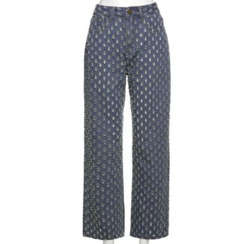 Weekeep Mados Pledas Tuščiaviduriai Iš Streetwear Džinsai Moterų Klubas Aukšto Juosmens Mygtuką Skristi Tiesiai Kelnės Street Style Džinsinio Audinio Kelnės Mujer
