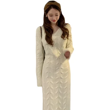 žiemos ilgos Maxi mezgimo vienas gabalas korėjos ponios priežastinis ilgomis Rankovėmis, šiltas šalis Megztinis Suknelė moterims kinijos drabužių