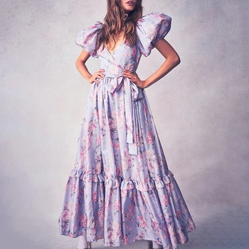 Moterų Raukiniai Vasaros Suknelė Maxi Aukštas Juosmens Gėlių Spausdinti Juostinės Ilga Suknelė Tunika