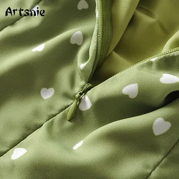 Artsnie žalia širdis spausdinti mini linijos suknelė moterims vasaros aukšto juosmens aikštėje apykaklės sluoksniuotos rankovėmis nėrinių derliaus suknelės vestidos