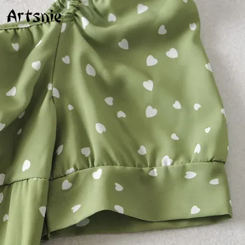 Artsnie žalia širdis spausdinti mini linijos suknelė moterims vasaros aukšto juosmens aikštėje apykaklės sluoksniuotos rankovėmis nėrinių derliaus suknelės vestidos