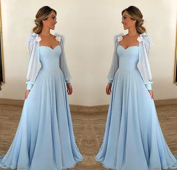 Šviesiai Mėlyna Prom Dresses 2020 Naujas Moterų Vakarėlis Ilgomis Rankovėmis Šifono Ilgai Prom Chalatai Už Vestuves Elegantiškas Chalatas De Soiree