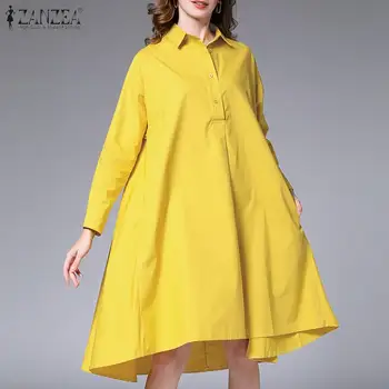 Mados Kietas Marškinėliai Suknelė Moterims Pavasario Vestidos 2021 ZANZEA Atsitiktinis ilgomis Rankovėmis Kelio Ilgis Vestidos Moterų Mygtuką Drabužius, Plius Dydis