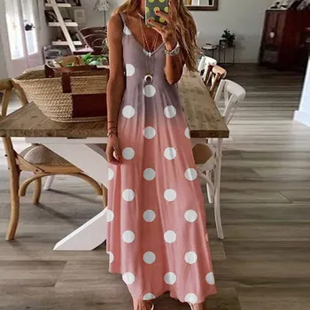 2020 m. Moteris Summer Maxi Dress Dot Spausdinti Diržas Boho Suknelės, Plius Dydis S-5XL Moterų Sundress Paplūdimio Suknelės Moterų Apdaras Femme#W3