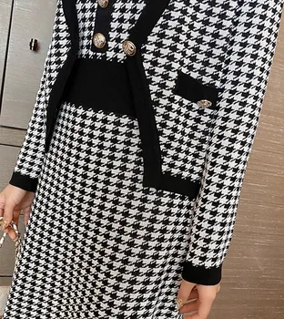 LLZACOOSH Nauja Rudens Ir Žiemos Mezgimo susagstomi megztiniai + Aukšto juosmens Suknelė dviejų dalių Houndstooth Mados Modelio Mezgimo Suknelė Tinka