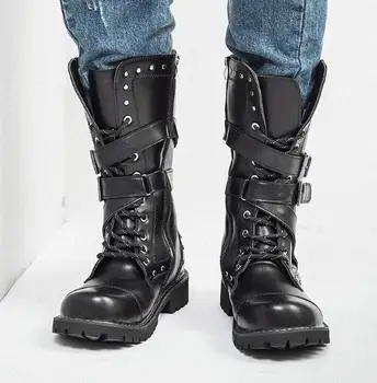 Aukštos Viršų Dykumos Taktinis Karo Boots Mens Odos Motociklo Batai Armijos Kovos Batai Vyrų Mados Gothic Punk Diržas Batai