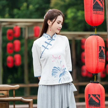 Ir Meno Modelio moteriški Dėvėti Vasarą Kinų Stiliaus Xiaoli Apykaklės Siuvinėjimo Spausdinti Antikvariniai Viršuje Etninės Stiliaus Septynių Rankovėmis Marškinėliai