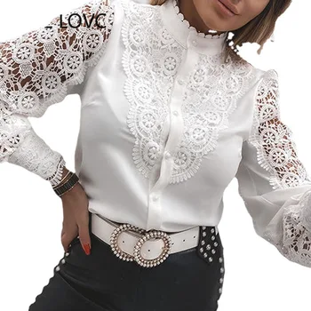 Elegantiški moteriški balti marškiniai 2021 m. pavasario vasaros mados nėriniai ilgomis rankovėmis V-kaklo, mygtuką marškinėliai moterims biuro Atvartas nėrinių marškinėliai