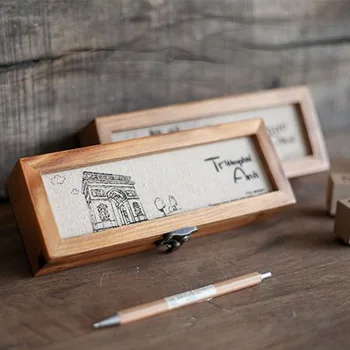 Retro Vintage Medienos pieštukų dėžutė, Eifelio Bokštas, Rašiklis, Kanceliarinių prekių Saugojimo lango Turėtojas Organizatorius pieštukų atvejais Konteinerių Mokyklos Buveinė