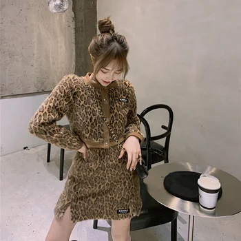 Mados slim leopardas spausdinti trumpas megztinis striukės paltai + klubo sijonas dviejų dalių kostiumas