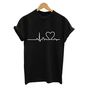 Atsitiktinis Harajuku Love EKG Spausdinti Moterų marškinėliai Topai Tee Vasarą, Rudenį, Žiemą Moterų marškinėliai Mergina Drabužių Streetwear