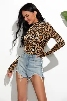 Mados Rudens Moterų Marškinėliai Atsitiktinis Ponios Derliaus Leopardas Spausdinti Viršūnes Ilgomis Rankovėmis Sexy Marškinėliai Slim Streetwear 