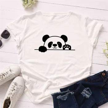 Vasaros Plius Dydis 5XL Marškinėlius Mielas Panda Print T-shirt Marškinėliai Moterims Medvilnės, O Kaklas Trumpas Rankovės Tees Moterų Marškinėliai Moteriška