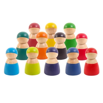 Montessori Rinkinys, 12 Vaivorykštė Draugais Peg Lėlės Mediniai Apsimesti Žaisti Duomenys Žmonių, Aplinkos Sauga, Dažai Kūdikių Mediniai Žaislai