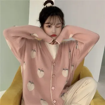 Džemperis Cardigan Mielas Rožinis Paltai Moterims Persikų Modelio Megzti Negabaritinių Striukė 2020 Korėjos Rudens Ilgomis Rankovėmis Traukti Femme