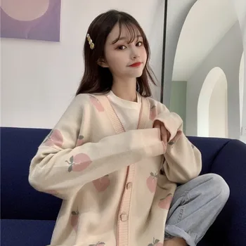 Džemperis Cardigan Mielas Rožinis Paltai Moterims Persikų Modelio Megzti Negabaritinių Striukė 2020 Korėjos Rudens Ilgomis Rankovėmis Traukti Femme
