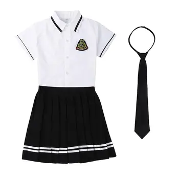 Moterų Japonijos Moksleivė Uniformas didžiosios Britanijos Stiliaus Mokyklos Vienodos Anime Kostiumas White T-shirt Viršaus Juodas Klostuotas Sijonas ir Ženklelis Kaklaraištis