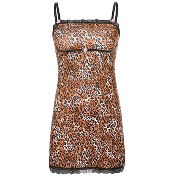 Nėriniai Kratinys 90-ųjų Moterų Mini Suknelė Leopardas Spausdinti Seksualus Berankovis Suknelė Backless Spagetti Dirželis Vasaros Suknelė Naują Cuteandpsycho
