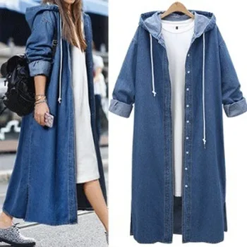 Moterų korėjos stiliaus ilgos tranšėjos paltai 2020 m. rudens ir žiemos naujas prarasti didelio dydžio džinsinio audinio gobtuvu striukė ilgos tranšėjos paltai ilgas kailis