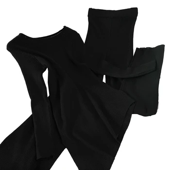 Temperamentas dviejų dalių moterų 2020 m. rudenį naujų produktų apvalios kaklo nereguliarus aukšto juosmens megztinis + mezgimo pločio kojų kelnės kostiumas moteris